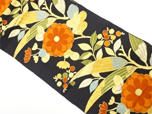 JAPANESE KIMONO / ANTIQUE FUKURO OBI / SILK / WOVEN KIKU & TREE FRUITS